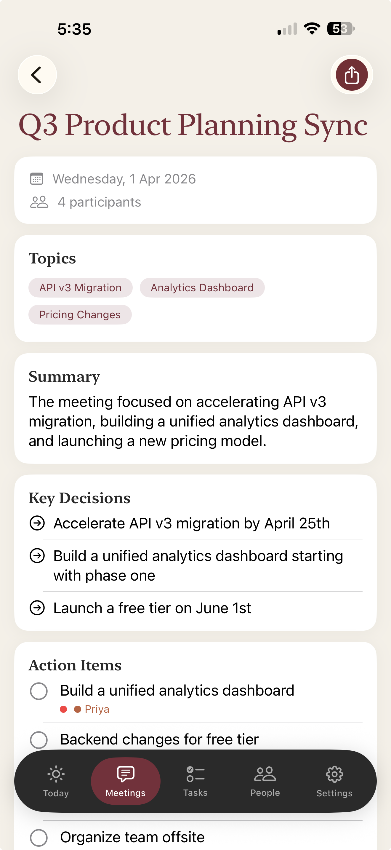 Scrivra app showing meeting summary with topics, decisions, and action items