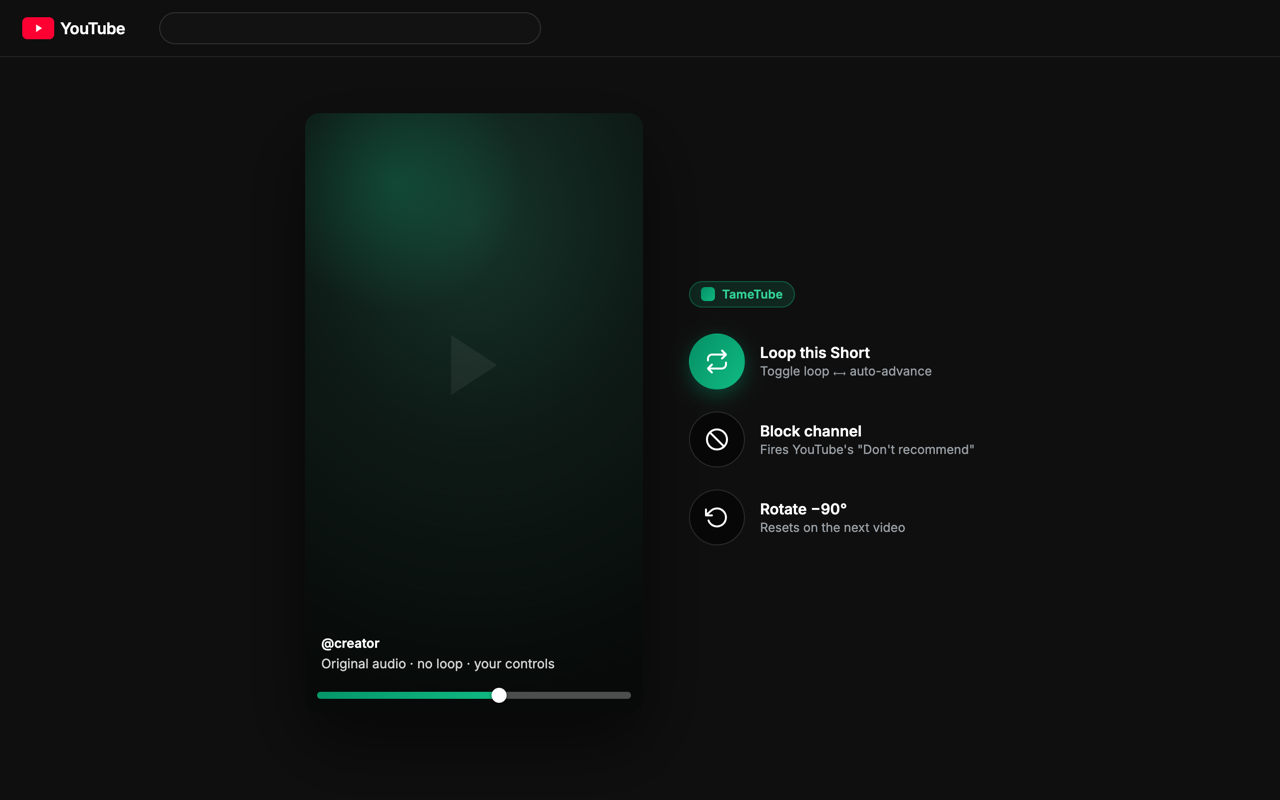 TameTube's on-video controls on a YouTube Short — loop, block channel, and rotate, with an enlarged scrubber